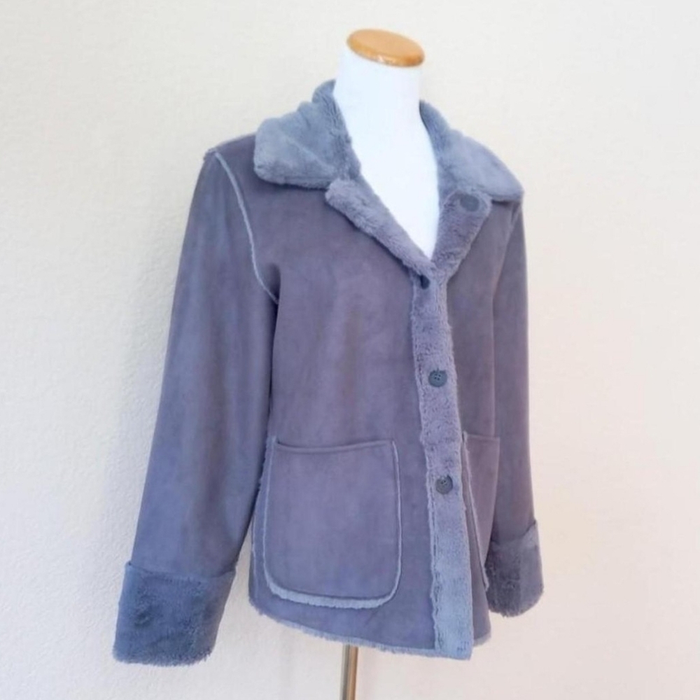 Brandon Thomas vintage Y2K blue gray/purple faux micro suede sherpa lined coat - Picture 2 of 8